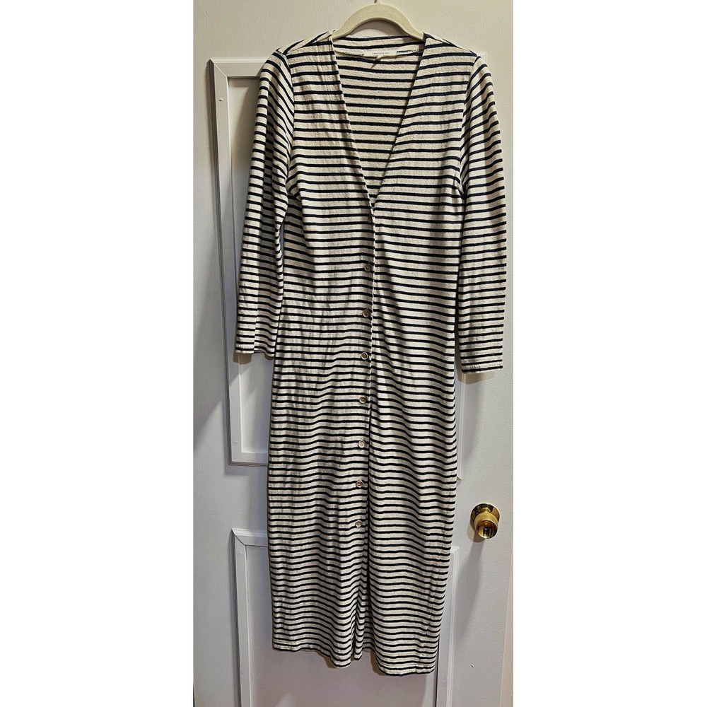 Emerson Fry Womens XS Ivory Navy Striped Button Front Maxi Dress Cardigan Hemp